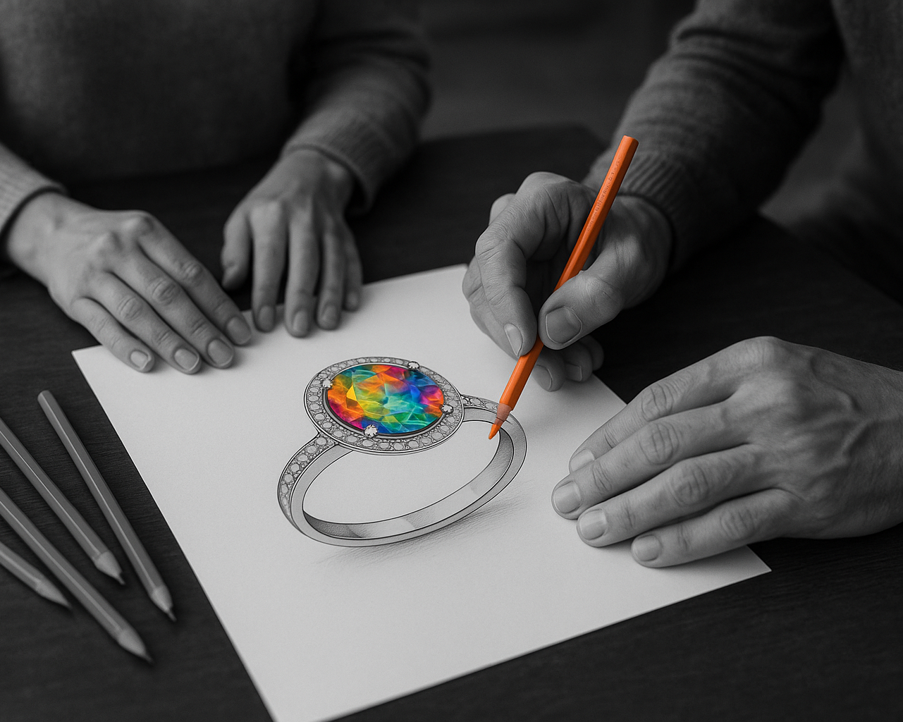 Génère une image en noir et blanc où l'on voit des personnes dessiner une bague de fiançailles en pierres colorées sur une feuille A4, le dessin doit être en couleur, le reste en noir et blanc